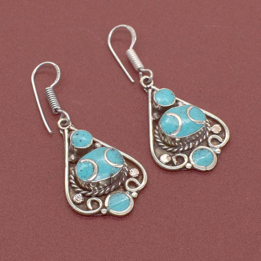 Hamsa Hand Design Turquoise Gemstone Handmade Tibetan Jewelry Earring 2" EAR-7693