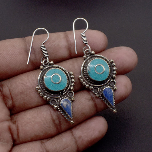Lapis Lazuli Turquoise Gemstone Tibetan Jewelry Wedding Hook Earring 1.5" EAR-8613