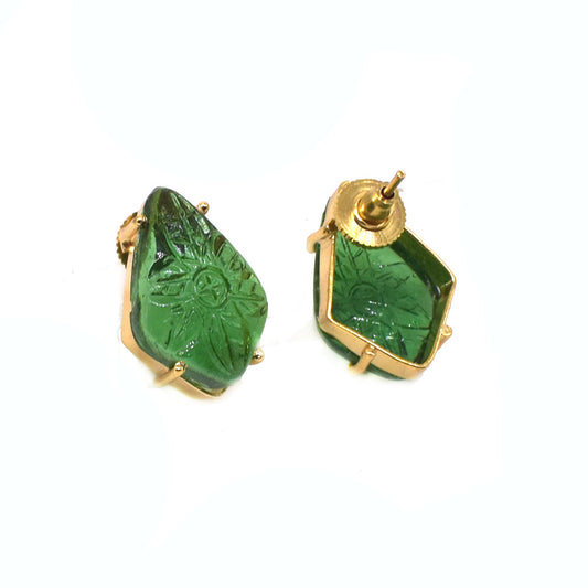 Carved Green Diopside Stud Earring Gold Plated Kite Fashion Jewelry 1" EAR-9777