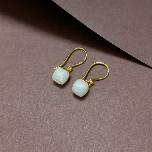Natural Moonstone Cube Minimal Gold Drop Earring EAR02-GLD
