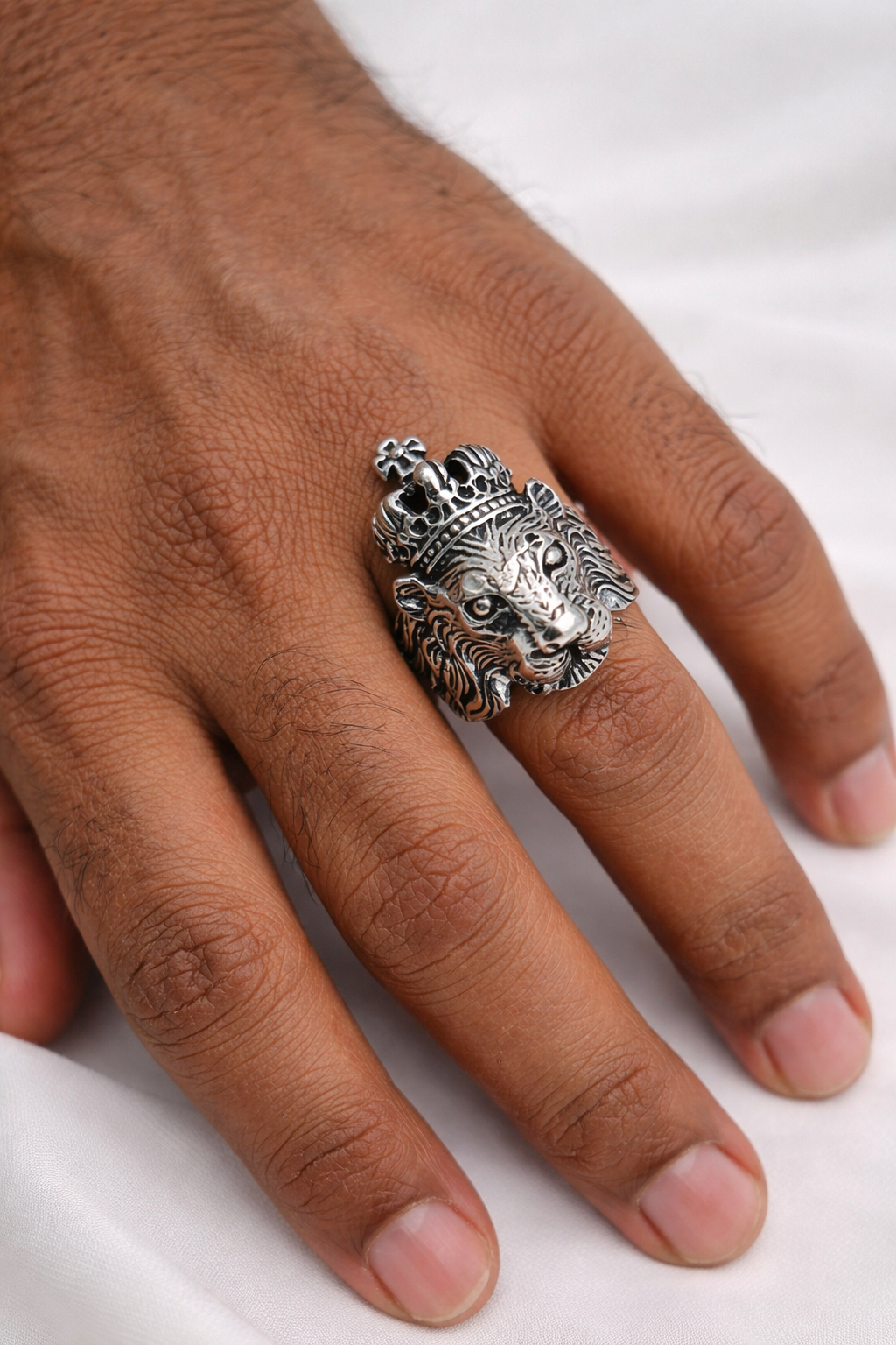 Vintage Lion Head Crown Ring Silver King Style Bold Animal Design Ring MRIN01-PLN