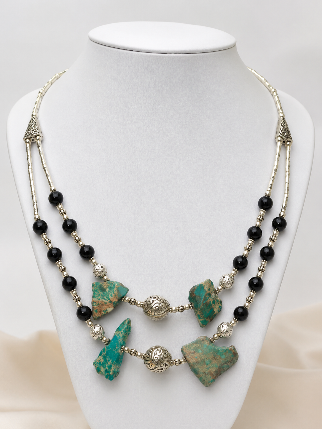 Sea Sediment Jasper Bead Black Onyx Double String Necklace Ethnic Jewelry NEC-2961
