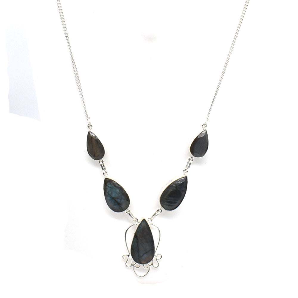 Natural Blue Labradorite Cut Gemstone Silver Plated Ethnic Necklace 18'' NEC-3200