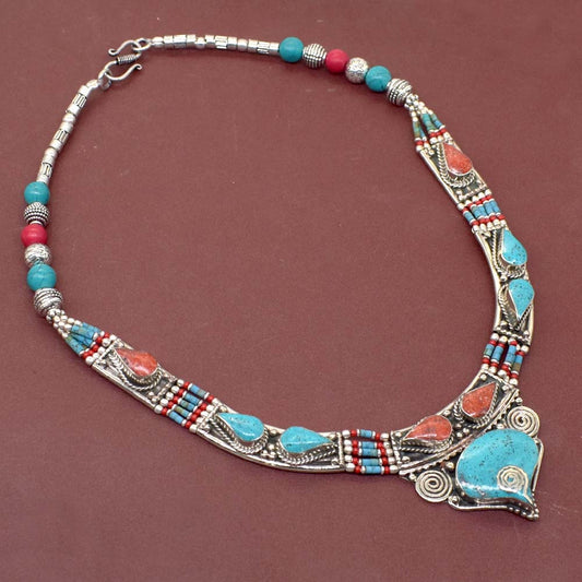 Stunning Green Turquoise Handmade Tibetan Jewelry Gifted Necklace 18" NEC-4289