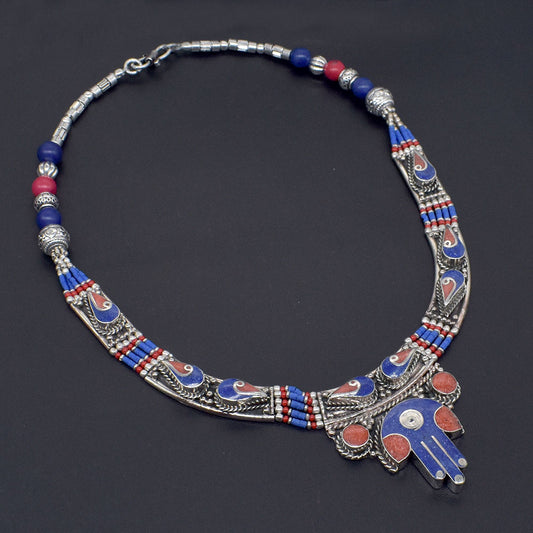 Wholesale Price Lapis Lazuli Gemstone Tibetan Jewelry Hamsa Necklace 18" NEC-4292