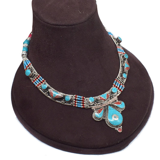 Vintage Tibetan Jewelry Red Coral Turquoise Gemstone Wedding Necklace 18" NEC-4296