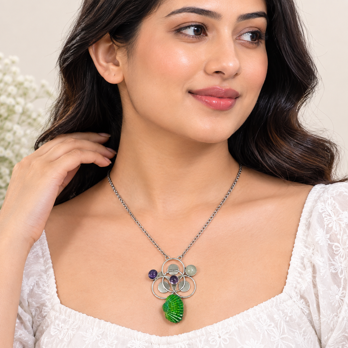 Designer Green Leaf Pendant Necklace with Multi-Stone Accents for Women NEC-4751
