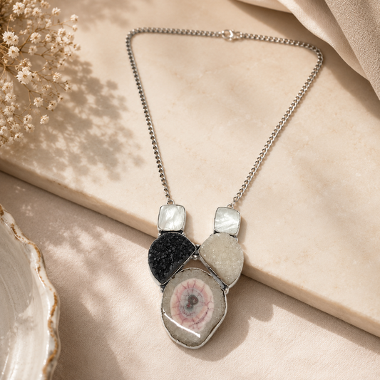 Natural Fossil Ammonite & Druzy Gemstone Statement Necklace NEC-4759