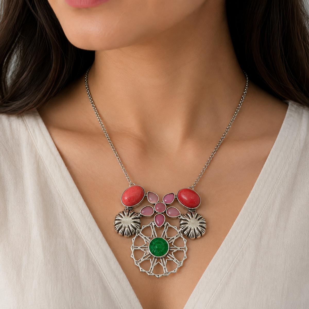 Multicolor Floral Carved Multi Quartz Chain Necklace Garba Jewelry NEC-4768