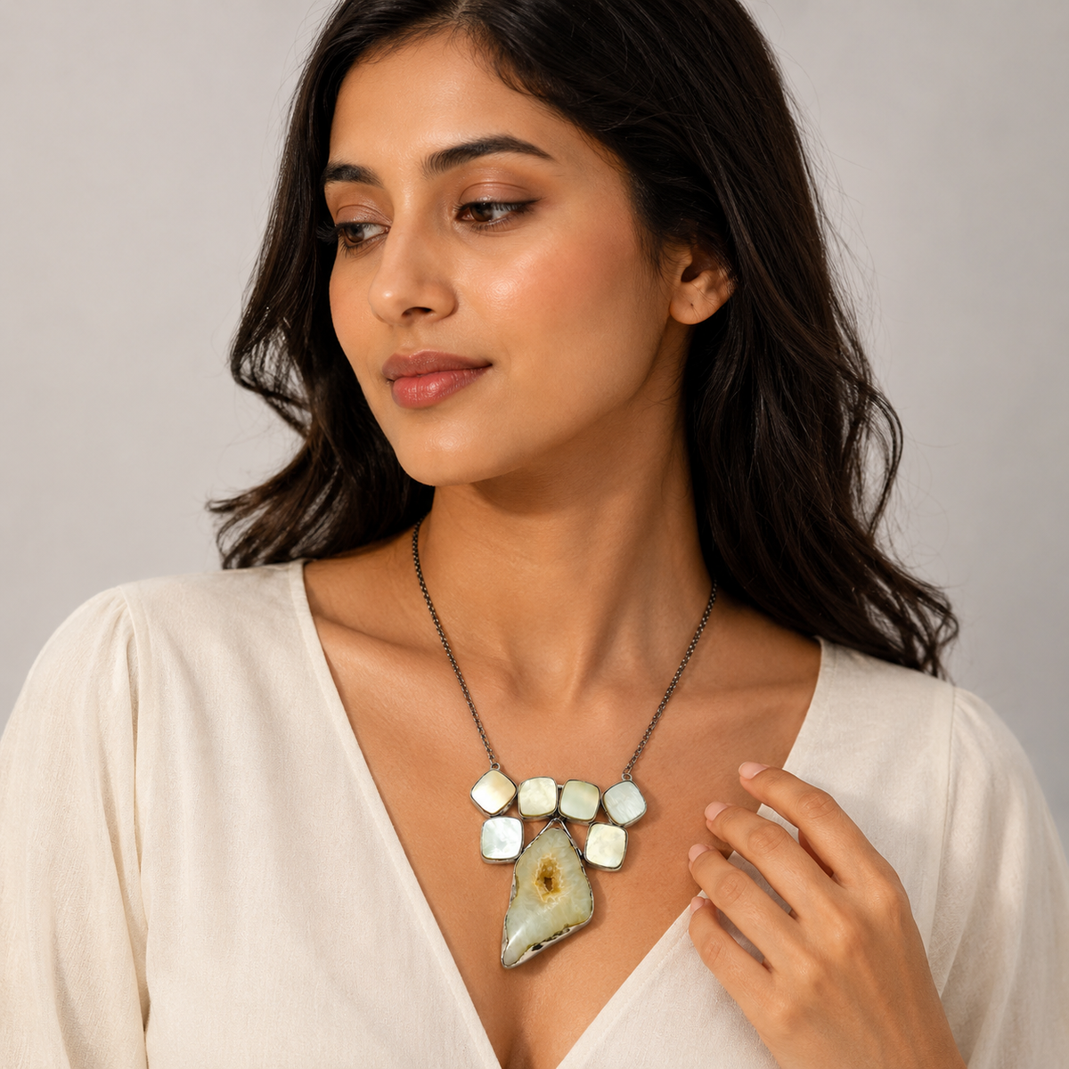 Designer Silver Necklace with Natural Druzy Slice and Mother of Pearl NEC-4774