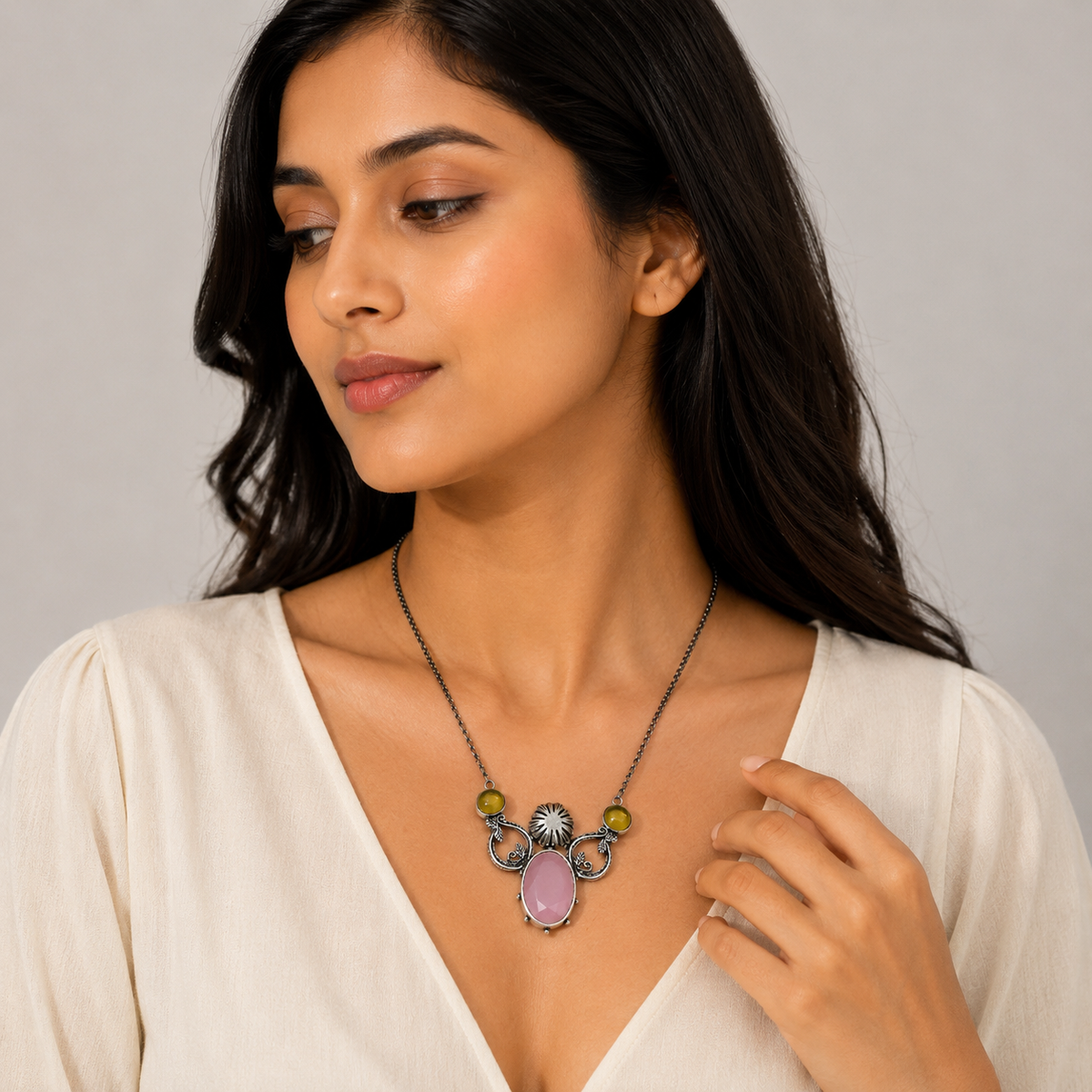 Handmade Artisan Silver Necklace with Rose Quartz and Yellow Stone NEC-4780