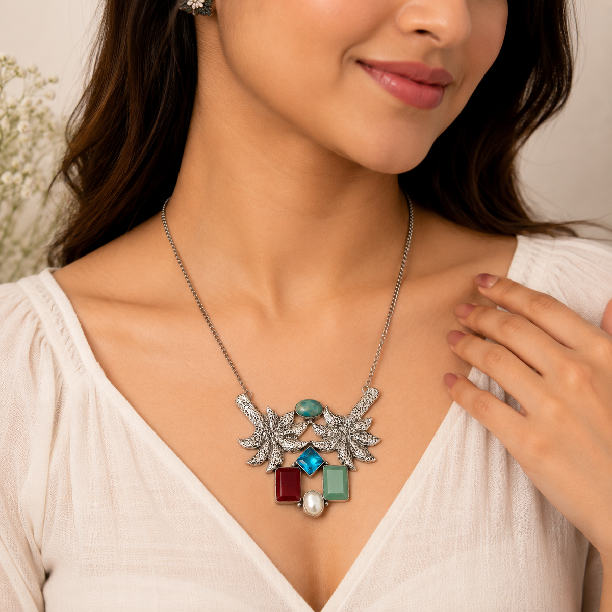 Boho Silver Necklace with Turquoise, Red Garnet, Aventurine and Pearl Gem NEC-4781