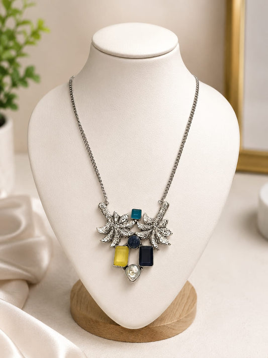 Palm Tree Silver Plated Oxidized Multi Pendant Necklace Gemstone Jewelry NEC-4782