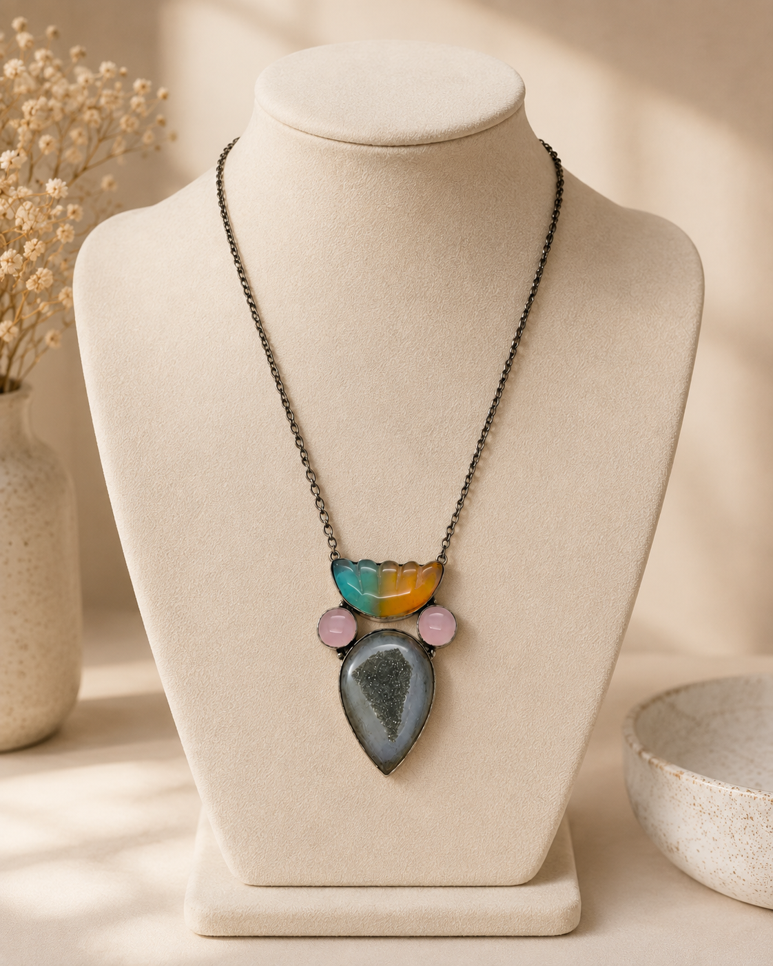 Handcrafted Silver Plated Drusy With Carved Statement Necklace Pendant NEC-4788