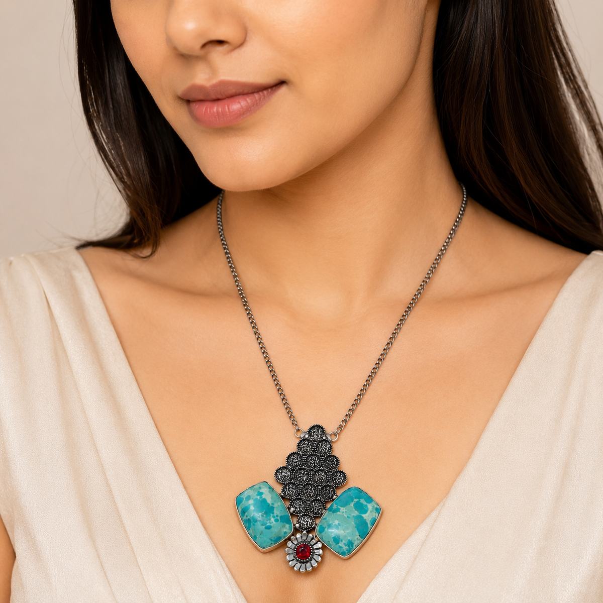Women's Silver Statement Necklace with Turquoise Stones & Red Gemstone NEC-4791