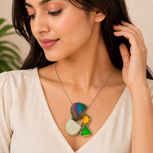 Natural Multicolor Shell & Green Druzy Statement Necklace NEC-4793