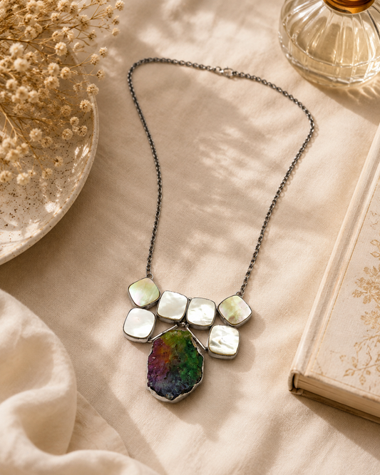 Handmade Silver Plated Mother Of Pearl Statement Necklace Pendant NEC-4794