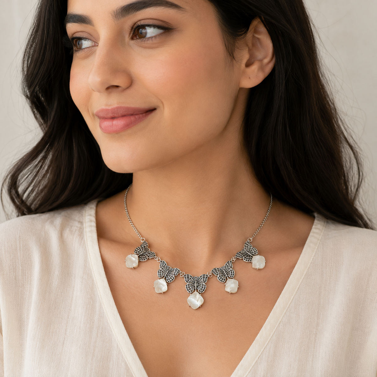 Antique Silver Butterfly & Mother of Pearl Statement Necklace NEC-4797