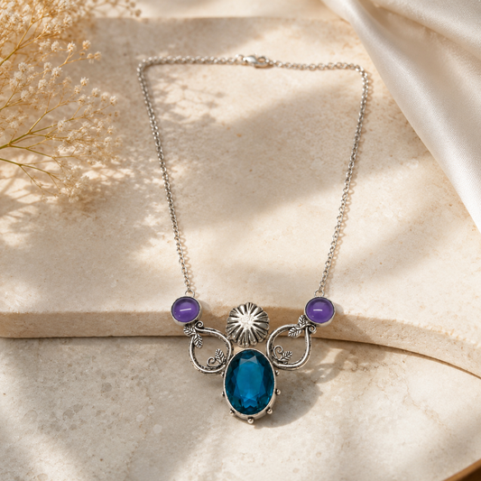 Natural Blue Topaz & Amethyst Statement Necklace Boho Elegant Jewelry NEC-4802