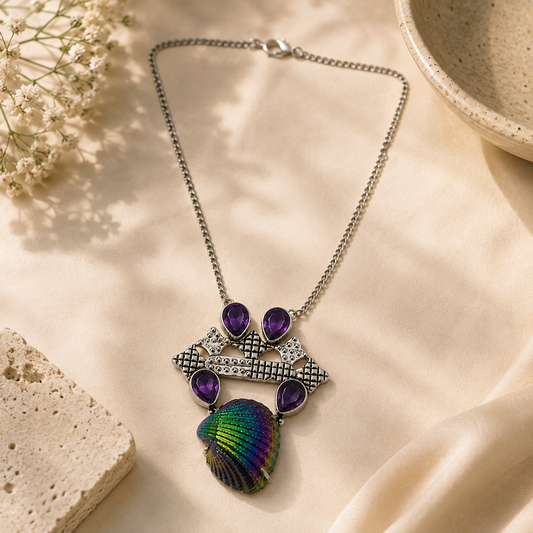 Handmade Purple Amethyst & Iridescent Shell Statement Necklace NEC-4804