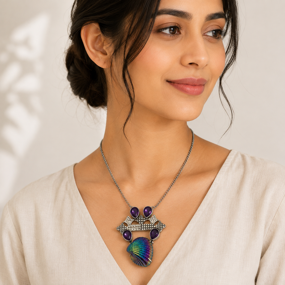 Handmade Purple Amethyst & Iridescent Shell Statement Necklace NEC-4804