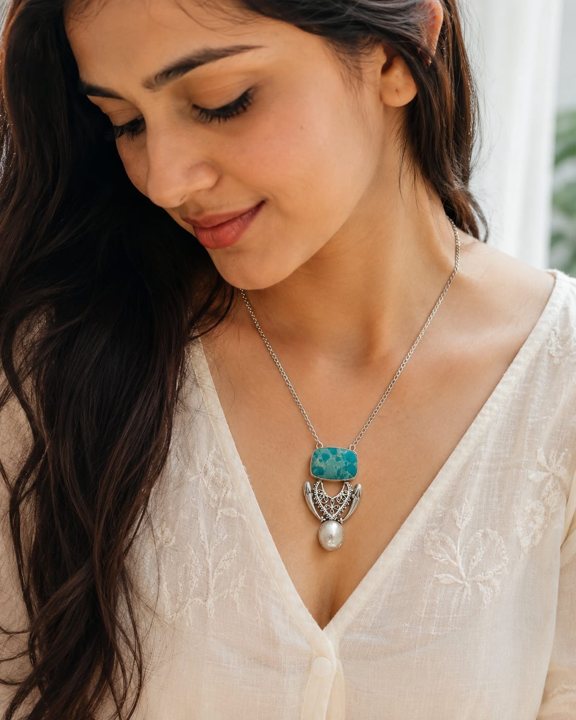 Bohemian Silver Necklace with Turquoise Stone & Pearl Pendant Jewelry NEC-4809