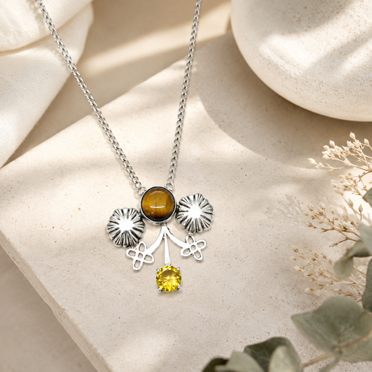 Natural Tiger Eye Gemstone With Citrine Necklace Silver Plated Jewelry NEC-4810