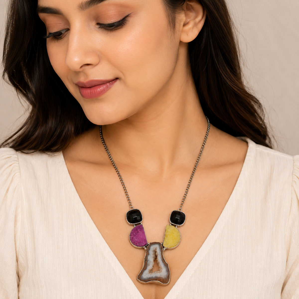 Women's Silver Statement Necklace with Black Onyx, Agate & Yellow Gems NEC-4812