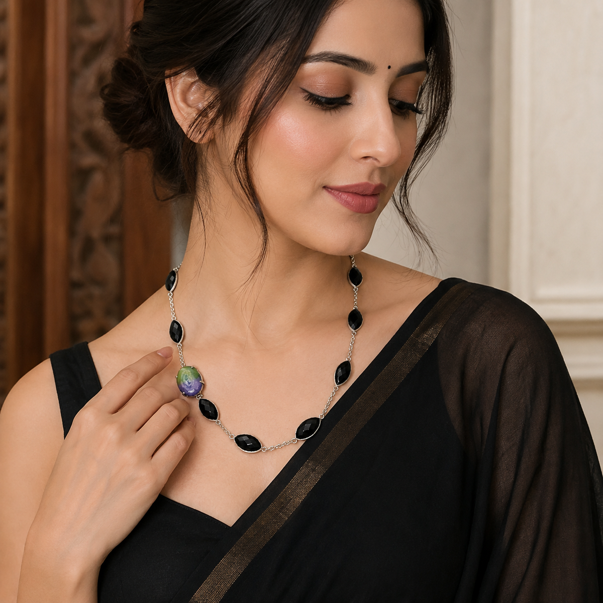 Handmade Black Onyx & Natural Amethyst Statement Necklace NEC-4819