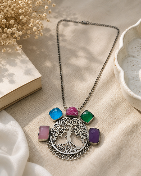 Tree of Life Silver Plated Multi Quartz Statement Necklace Pendant 18 NEC-4895