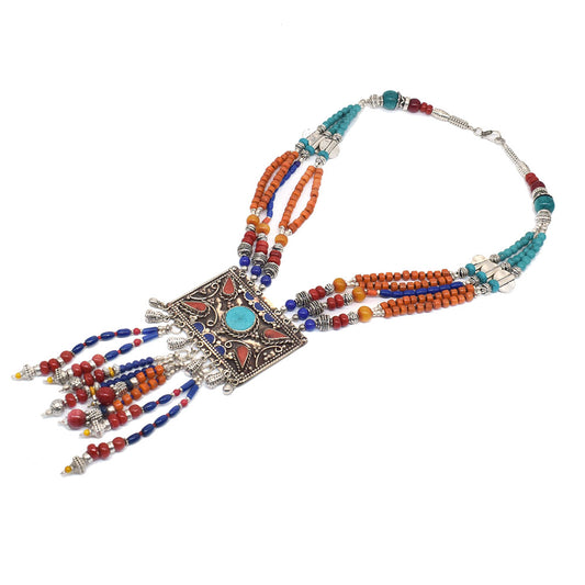Nepali Tibetan Silver Necklace Turquoise Lapis Coral Fashion Jewelry Gift NEC-5048