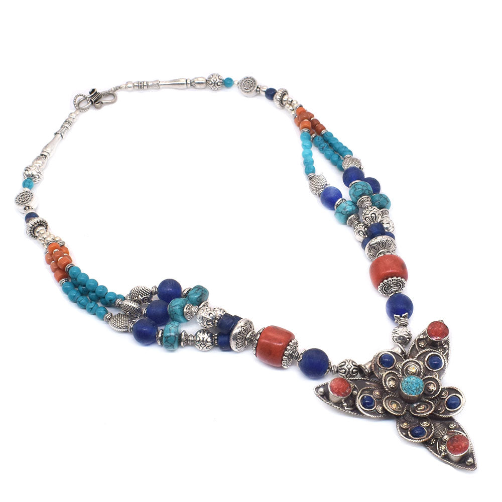 Coral Turquoise Lapis Gemstone Tibetan Fashion Jewelry Beaded Necklace 18" NEC-5174