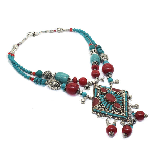 Red Jasper Turquoise Vintage Tibetan Fashion Jewelry Beaded Necklace 18" NEC-5183
