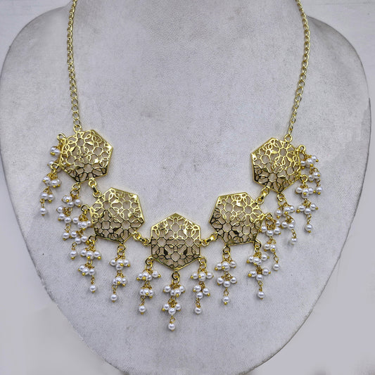 Gold Hexagon Statement Necklace Dangle Design Elegant Layered Fashion Jewelry NEC01-GLD