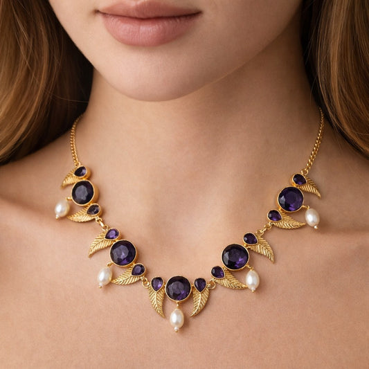 Gold Leaf Motif Statement Necklace Pearl Drop Design Elegant Designer Jewelry NEC05-GLD