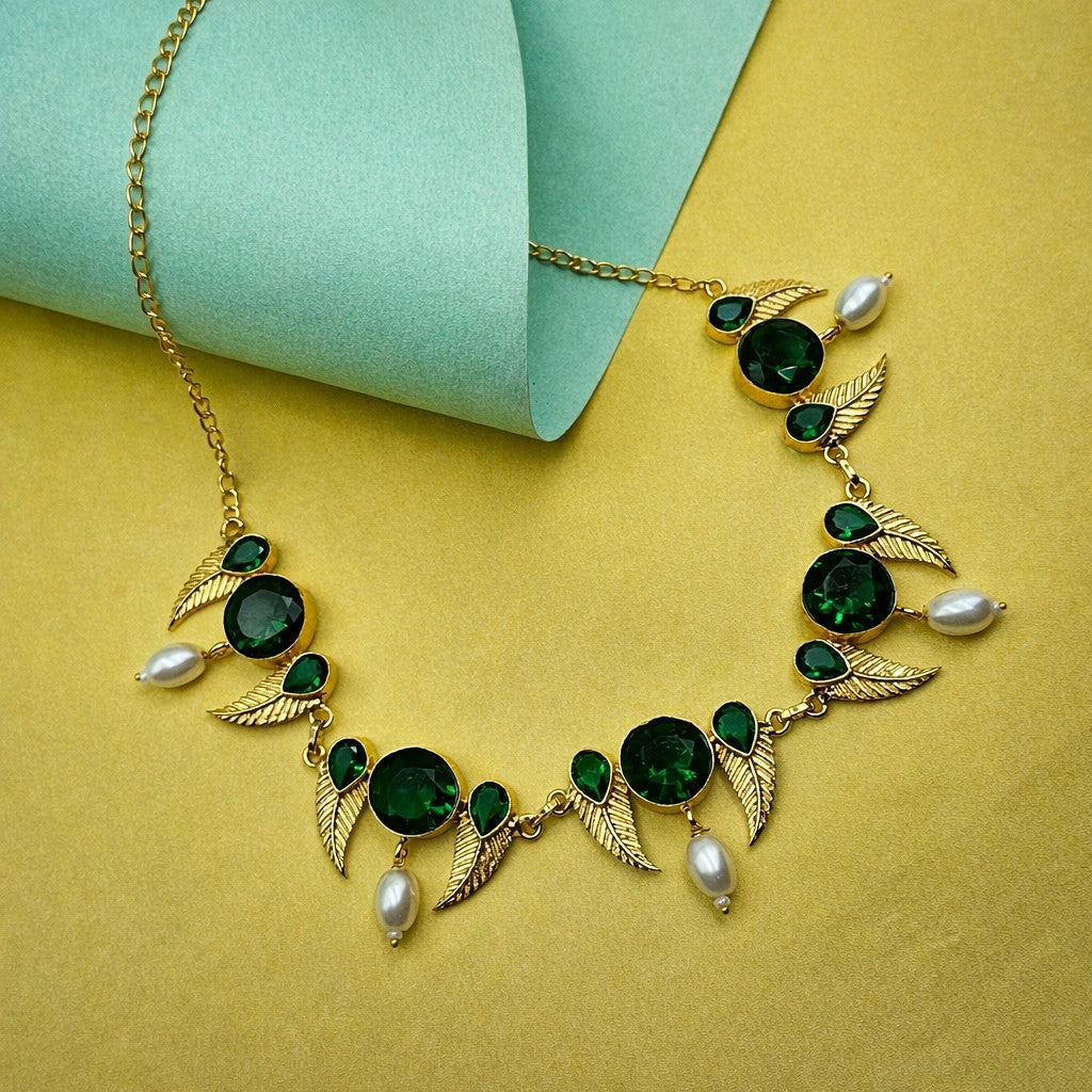 Gold Leaf Motif Statement Necklace Pearl Drop Design Elegant Designer Jewelry NEC05-GLD