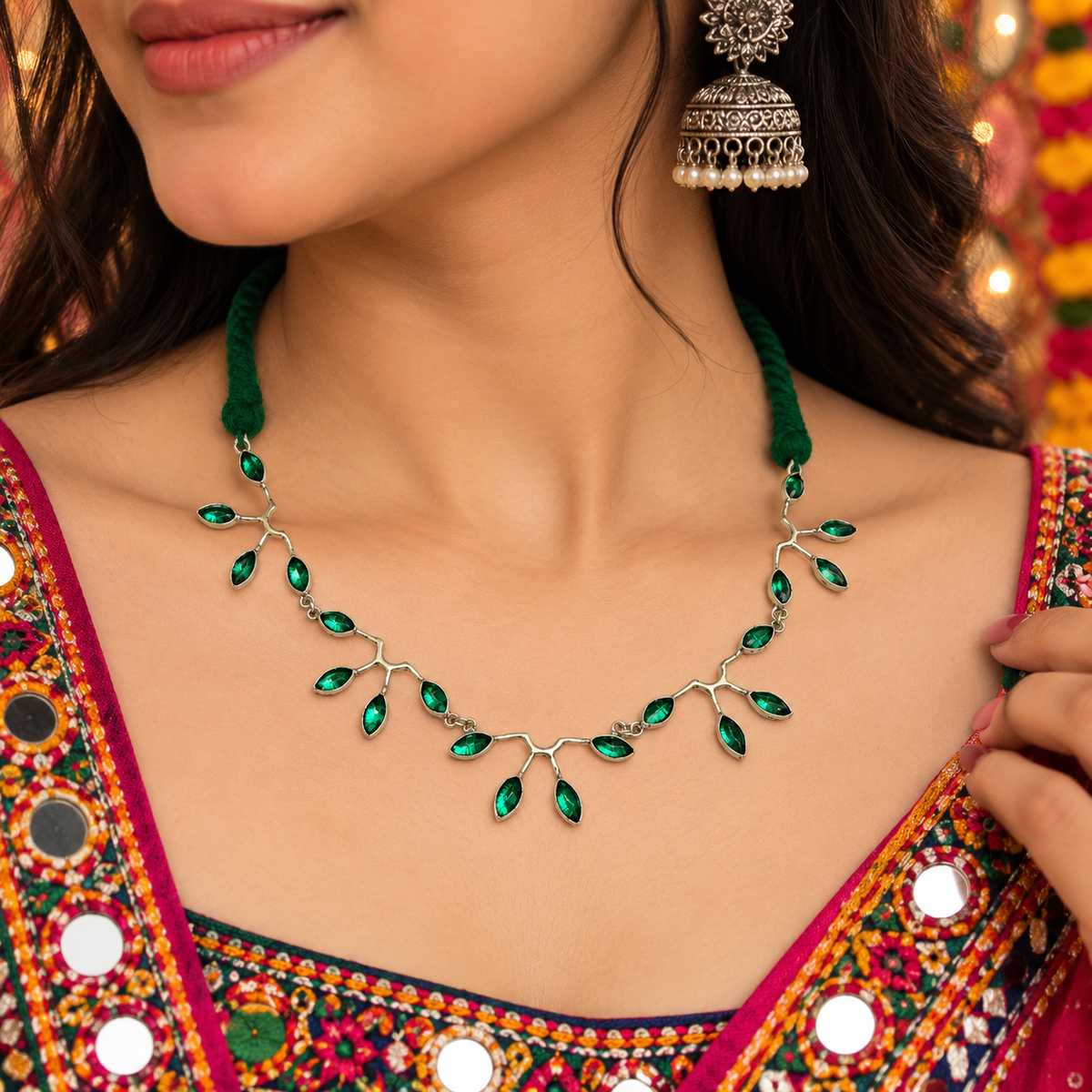 Green Leaf Necklace Boho Vine Pendant Handmade Thread Jewelry NEC06-SLV-LGQ20