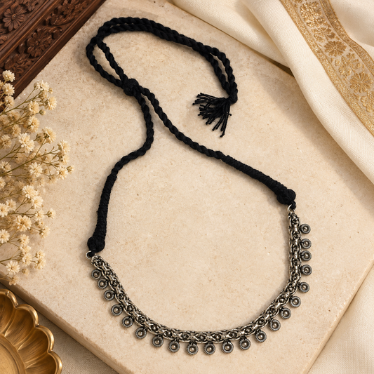 Black Thread Necklace Oxidized Silver Tribal Choker Statement Jewelry NEC07-SLV-PLN