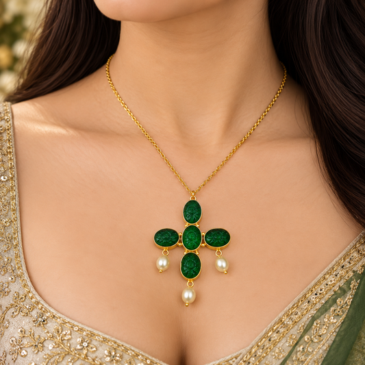 Chrome Diopside Pearl Cross Necklace Gold Plated Jewelry PCH08-GLD-LCD04