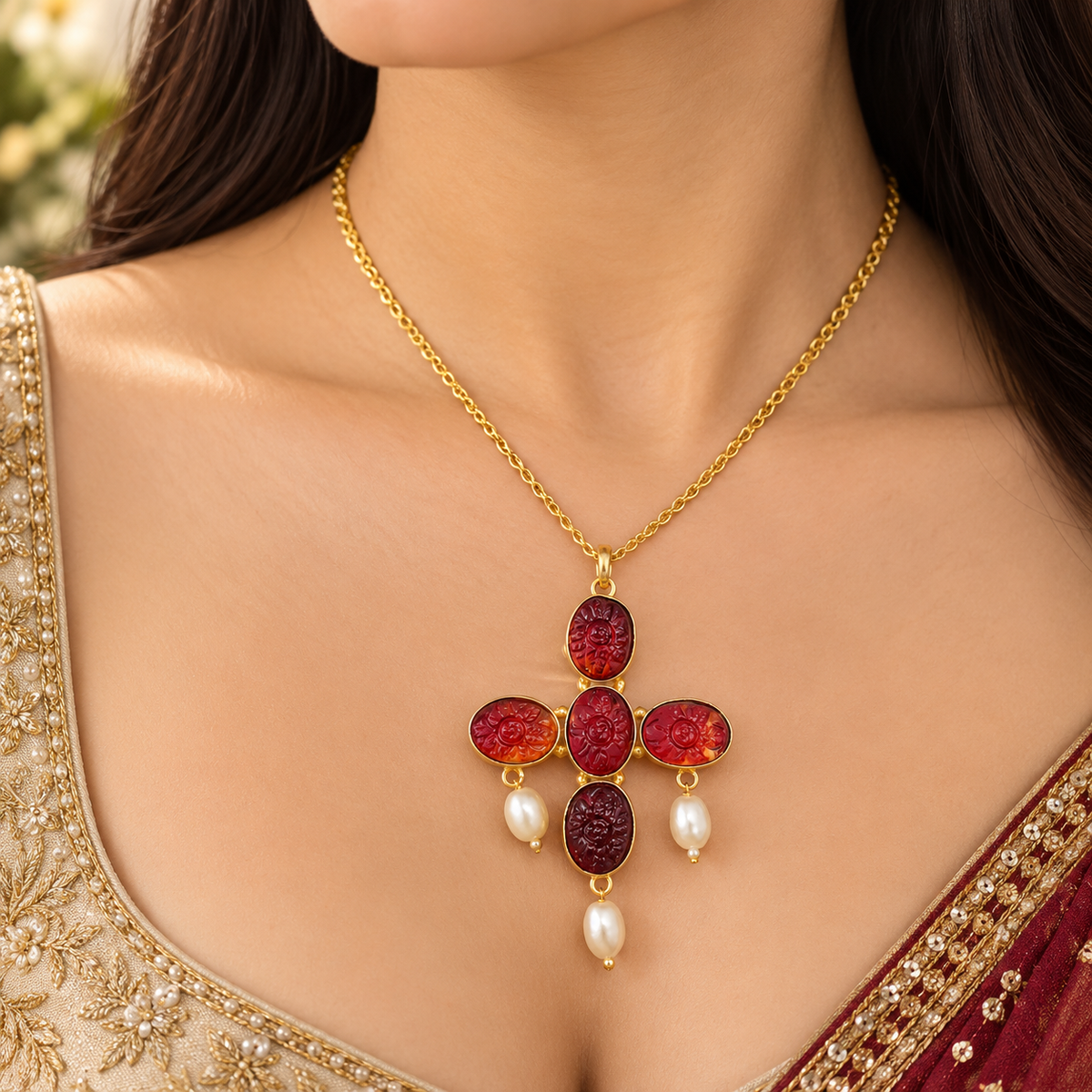 Garnet Pearl Cross Necklace Gold Plated Red Gemstone Jewelry PCH08-GLD-LGR04