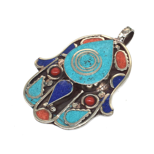 Nepalese Tibetan Hamsa Pendant Turquoise Lapis Lazuli Coral Hand Of Fatima PEN-11376