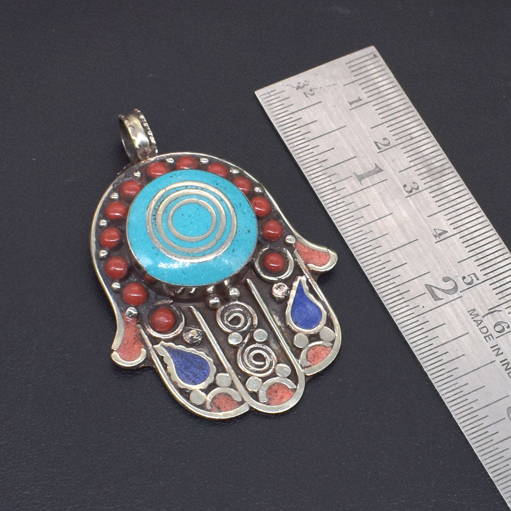 Tibetan Hamsa Pendant Turquoise Lapis Lazuli Coral Hand Of Fatima Jewelry PEN-11377