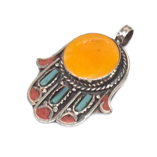 Elegant Tibetan Hamsa Pendant Turquoise Coral Gemstone Fashion Jewelry PEN-11378