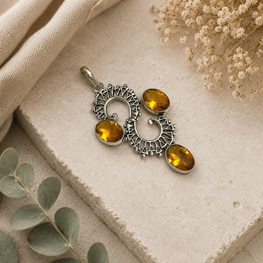Citrine Silver Pendant, Tribal Boho Statement Gemstone Jewelry PEN118-SLV-LCT03