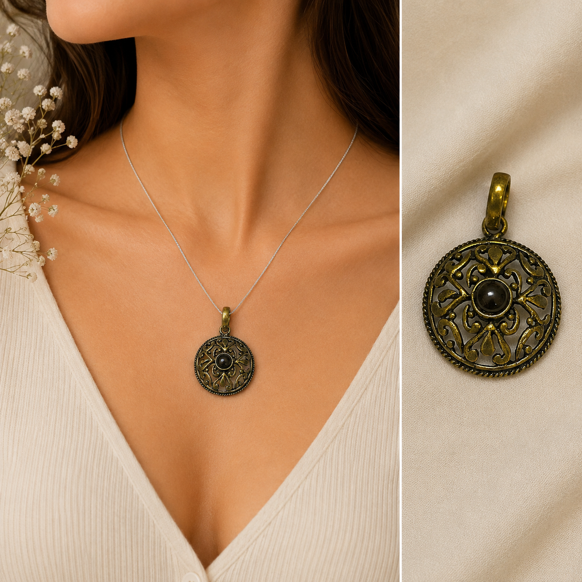 Antique Bronze Round Pendant Black Stone Boho Tribal Statement Jewelry PEN119-BRS-NBO01