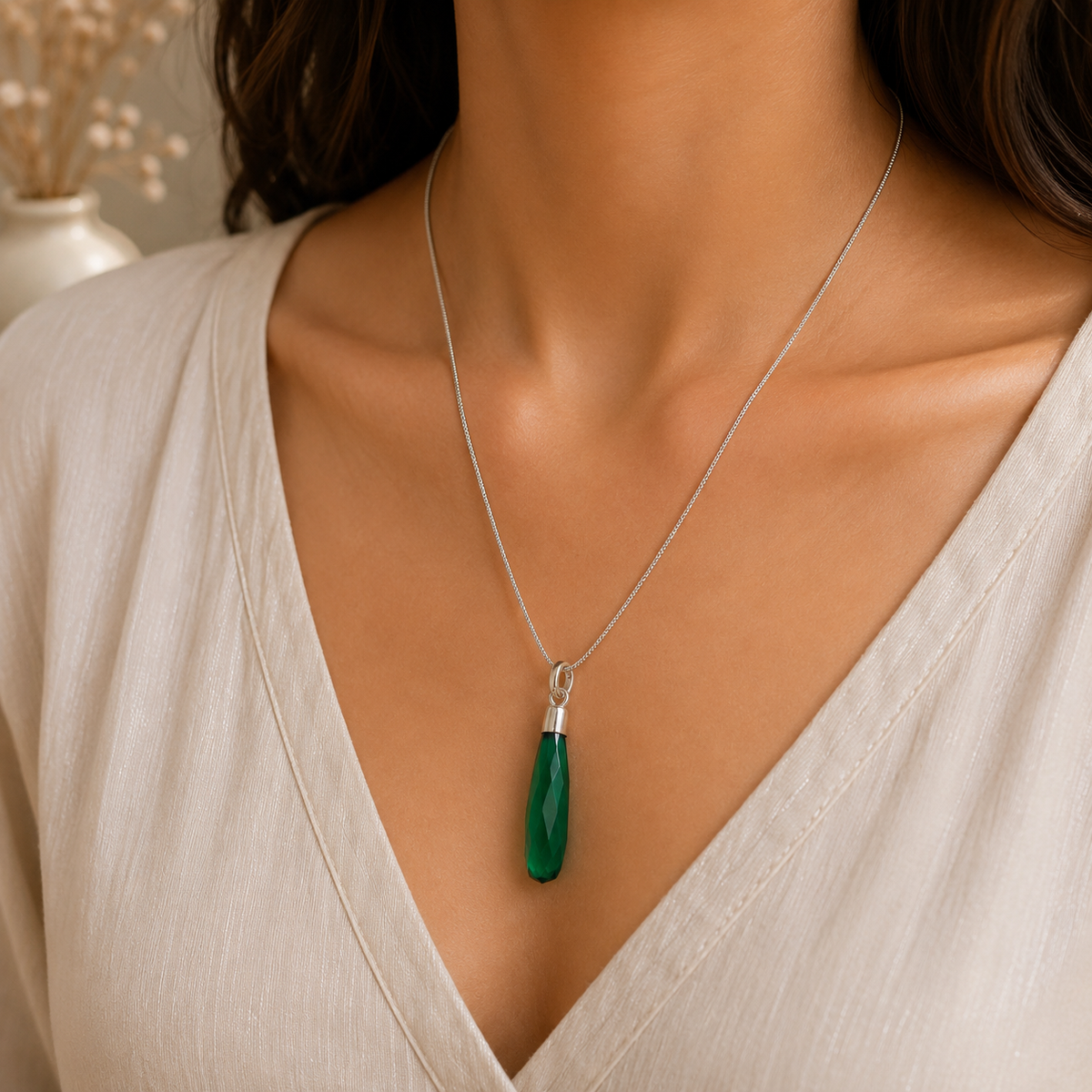 Green Onyx Teardrop Pendant, Faceted Silver Gemstone Boho Jewelry PEN122-SLV-LGO01