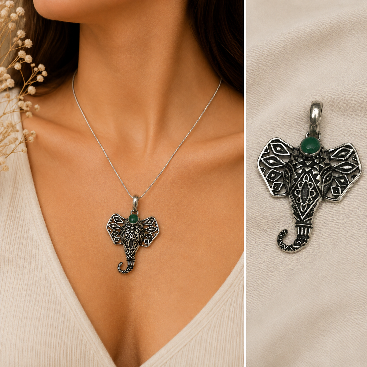 Elephant Pendant with Green Stone Oxidized Silver Boho Tribal Jewelry PEN128-SLV-NGO01