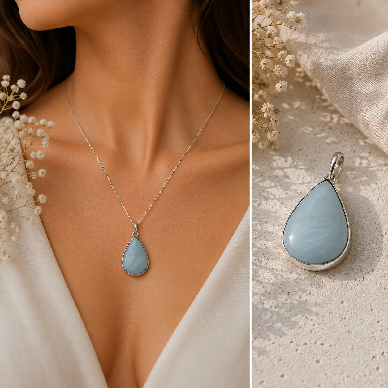 Blue Opal Pendant Teardrop Gemstone Silver Boho Minimalist Jewelry PEN133-SLV-NBOPL01