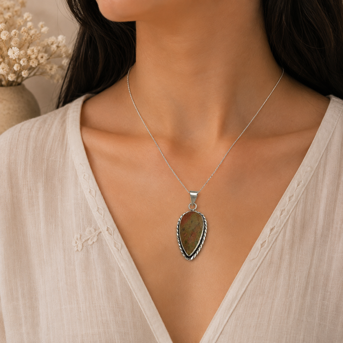 Natural Unakite Pendant, Silver Tone Boho Statement Gemstone Jewelry PEN147-SLV-NRUN01