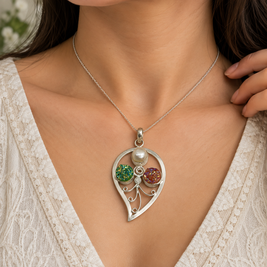 Pearl Druzy Pendant, Colorful Gemstone Silver Jewelry, Boho Gift PEN148-SLV-NTDY-NPRL03